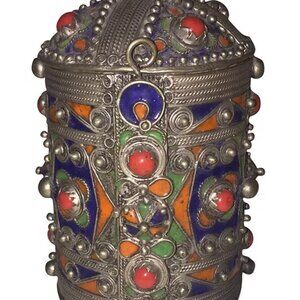 Kabyle Berber Algeria Silver Tone Metal Enamel Coral Cuff Bracelet Vintage
